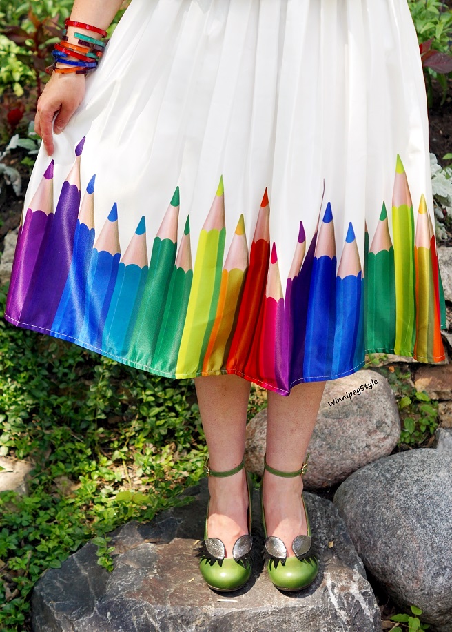 Winnipeg Style, Canadian Fashion Blog, stylist, Chicwish colored pencil crayon printed midi skirt, Chie Mihara eyelash embellished Geraldine heels, St. Vital park Flower gardens